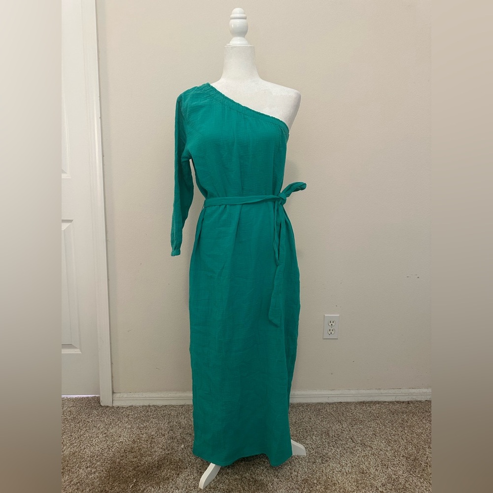 NWT Monrow Teal Cotton Gauze One Shoulder MIDI Dress Sz S Organic Summer Wedding
